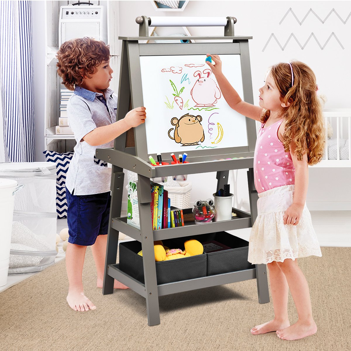 3 in 1 Double-Sided Storage Art Easel-Gray view 3