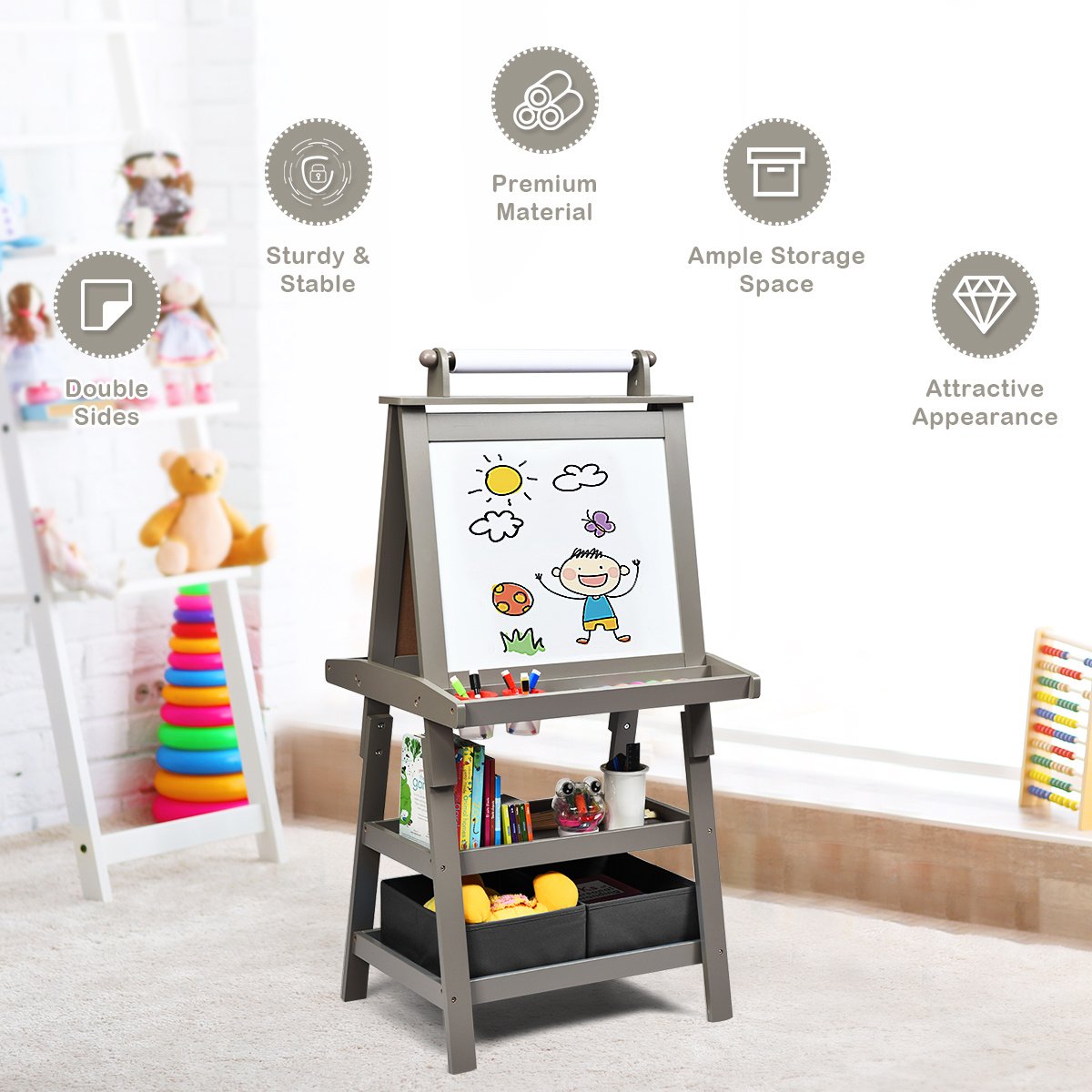 3 in 1 Double-Sided Storage Art Easel-Gray view 6