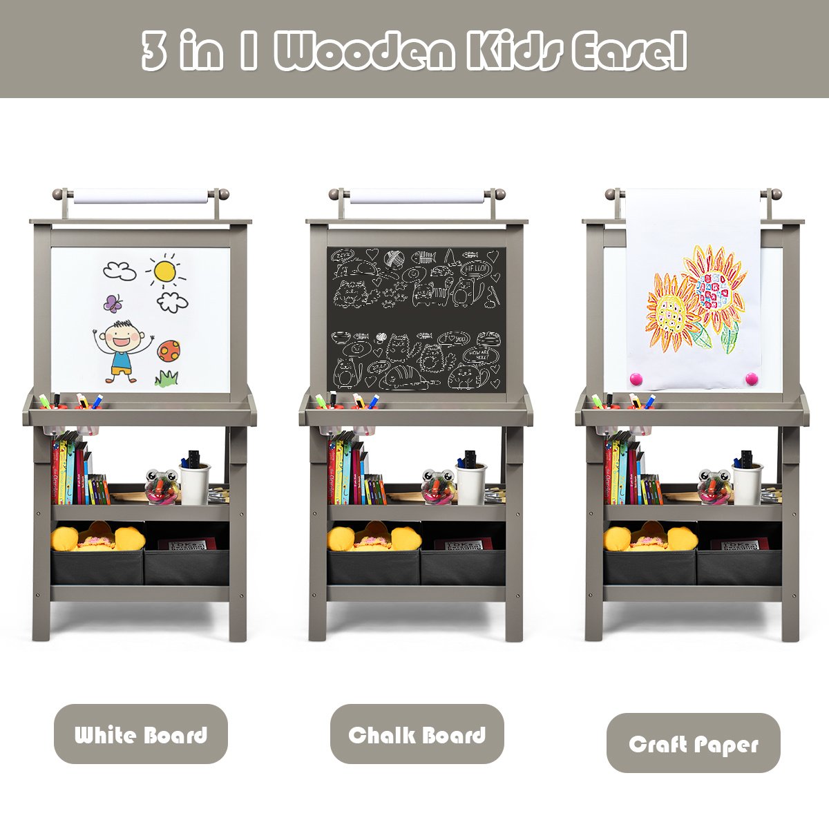 3 in 1 Double-Sided Storage Art Easel-Gray view 8