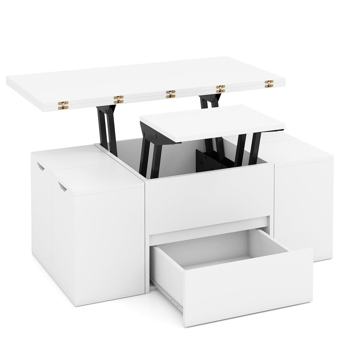 3-in-1 Expandable Lift Top Coffee Table with 4 Storage Stools and Hidden Compartment for 4-8 People-White
