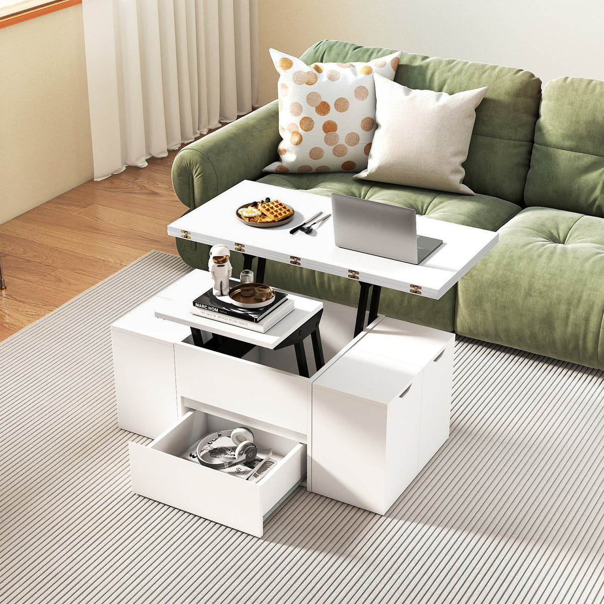 3-in-1 Expandable Lift Top Coffee Table with 4 Storage Stools and Hidden Compartment for 4-8 People-White view 2
