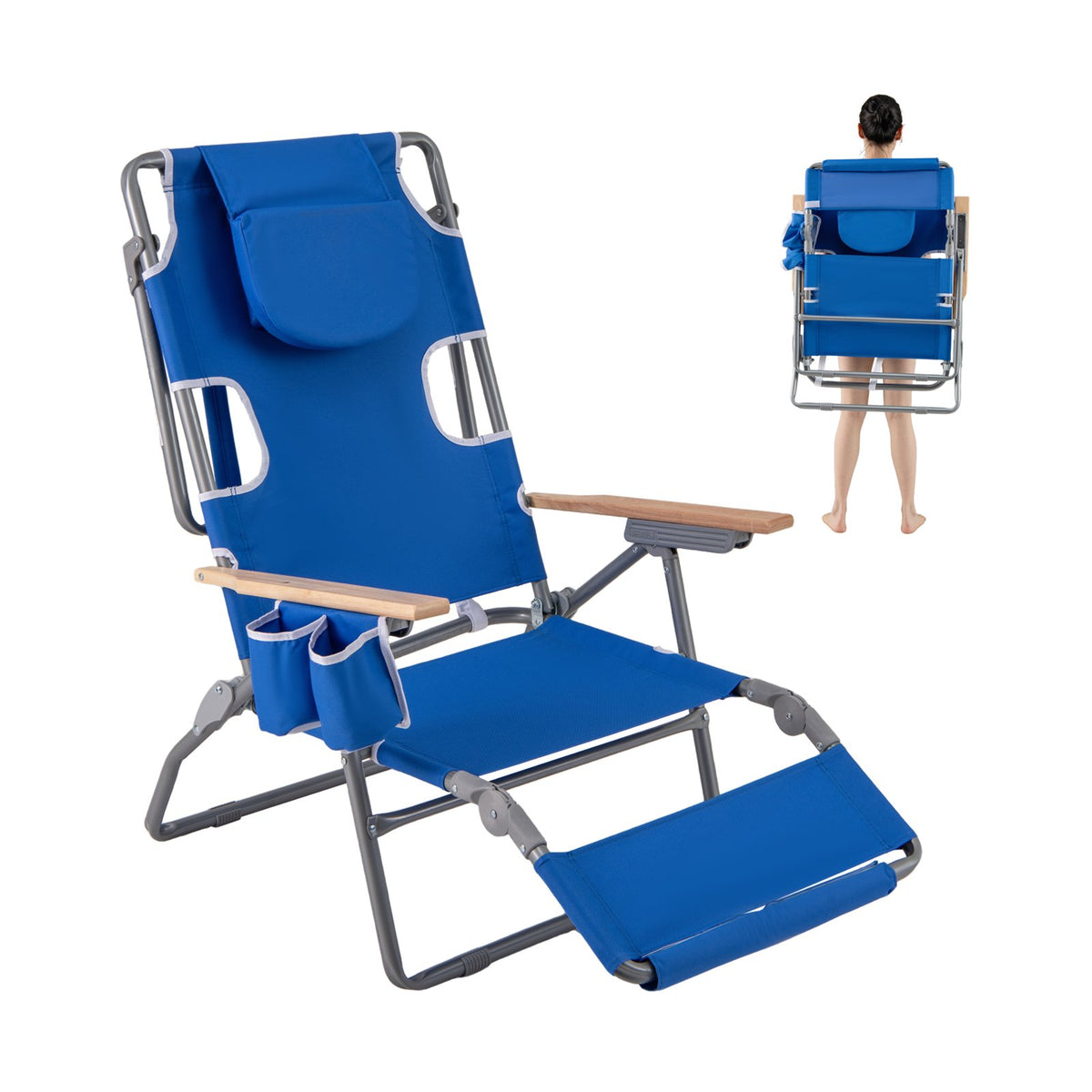 3-IN-1 Foldable Beach Chair with Footrest and Adjustable Backrest-Navy view 4