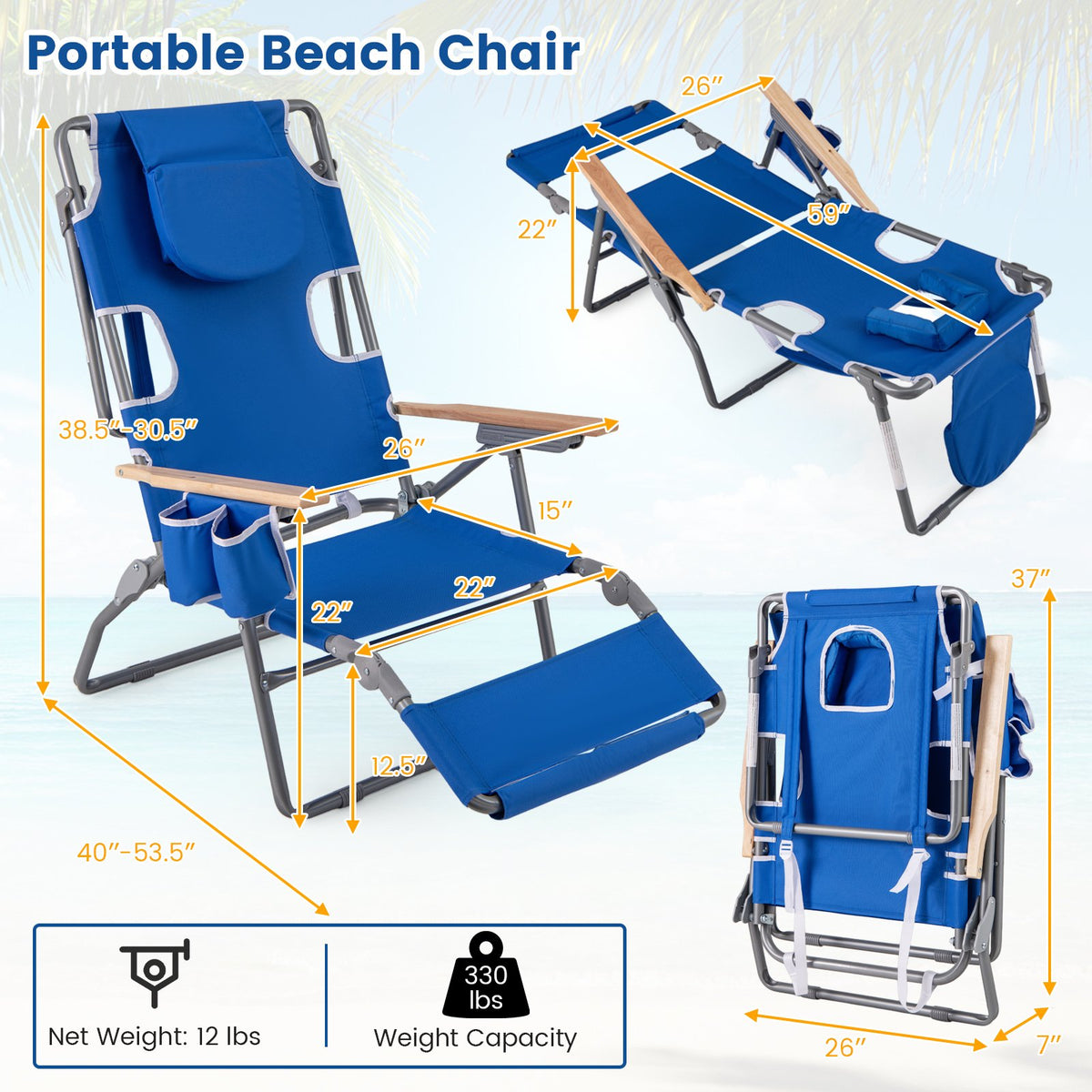 3-IN-1 Foldable Beach Chair with Footrest and Adjustable Backrest-Navy view 5