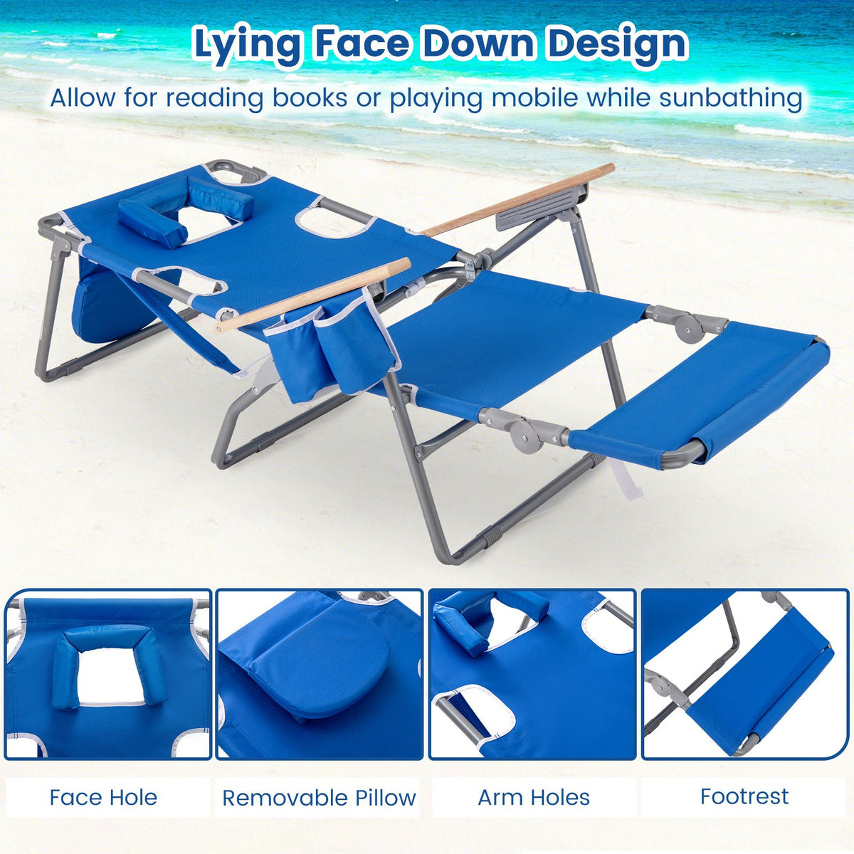 3-IN-1 Foldable Beach Chair with Footrest and Adjustable Backrest-Navy view 7