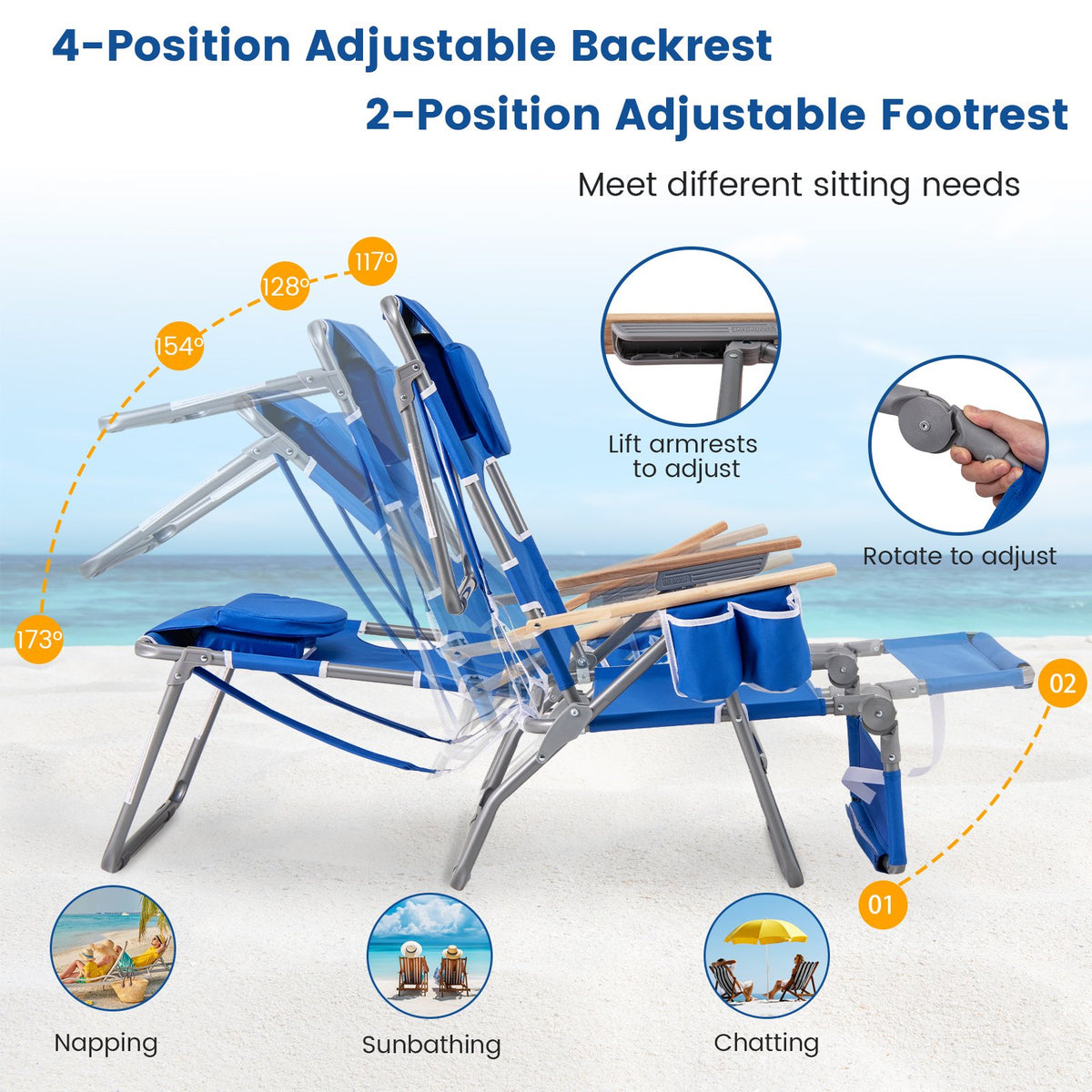 3-IN-1 Foldable Beach Chair with Footrest and Adjustable Backrest-Navy view 8