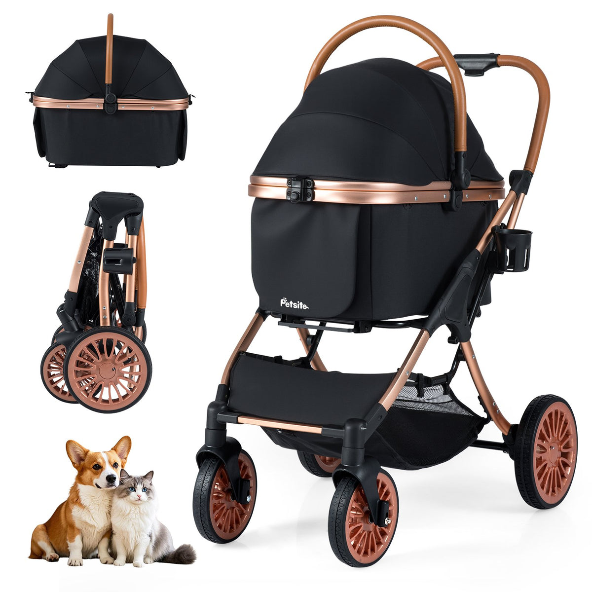 3-in-1 Foldable Pet Stroller with, Sun Shade and Safety Belt for up to 55 lbs Small Medium Dogs Cats-Black