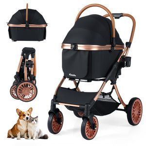 3-in-1 Foldable Pet Stroller with, Sun Shade and Safety Belt for up to 55 lbs Small Medium Dogs Cats-Black