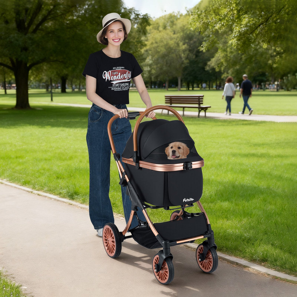 3-in-1 Foldable Pet Stroller with, Sun Shade and Safety Belt for up to 55 lbs Small Medium Dogs Cats-Black view 2