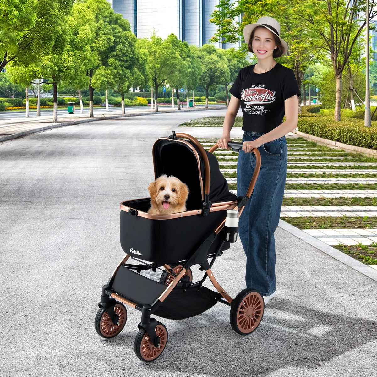 3-in-1 Foldable Pet Stroller with, Sun Shade and Safety Belt for up to 55 lbs Small Medium Dogs Cats-Black view 3
