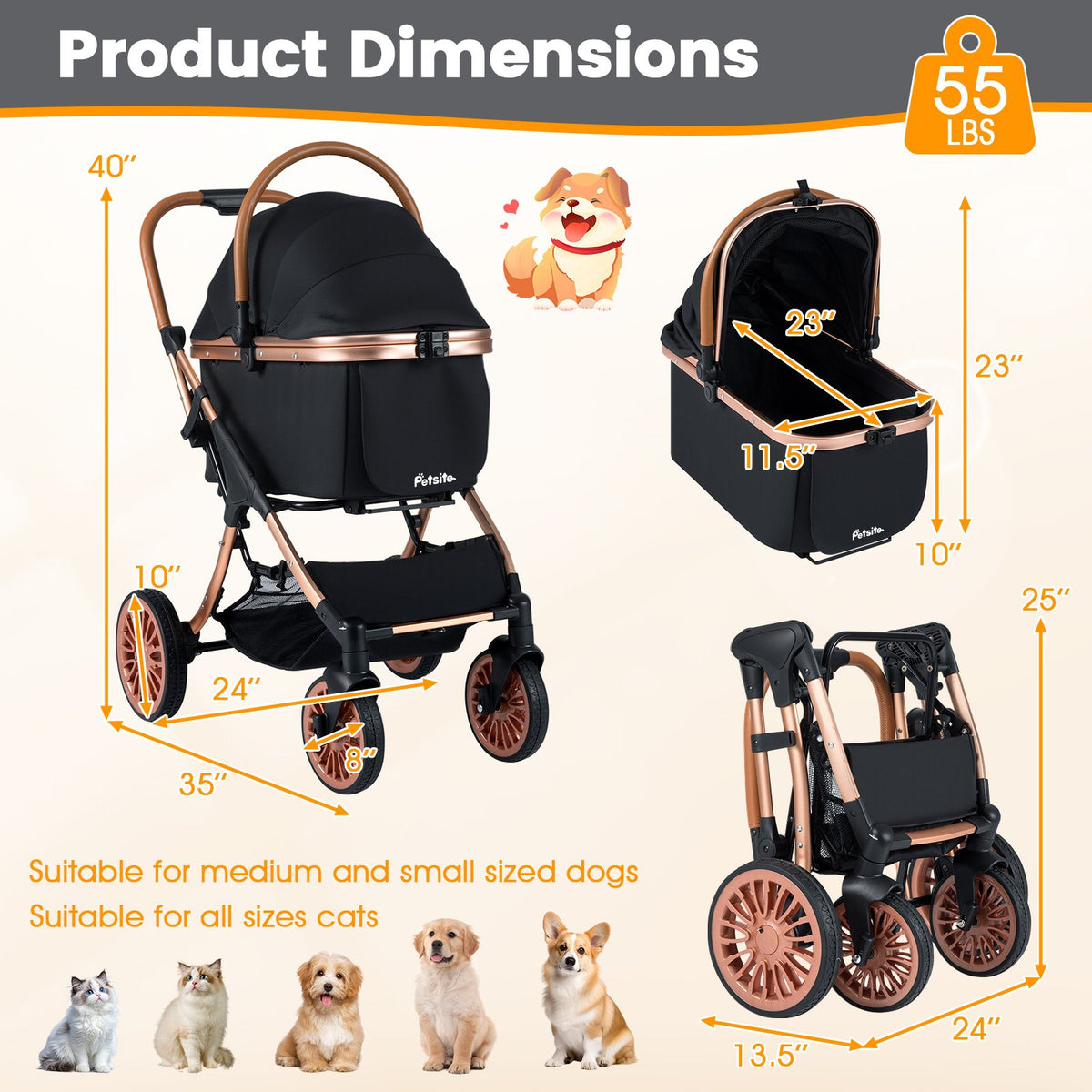 3-in-1 Foldable Pet Stroller with, Sun Shade and Safety Belt for up to 55 lbs Small Medium Dogs Cats-Black view 5