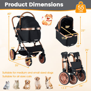 3-in-1 Foldable Pet Stroller with, Sun Shade and Safety Belt for up to 55 lbs Small Medium Dogs Cats-Black view 5