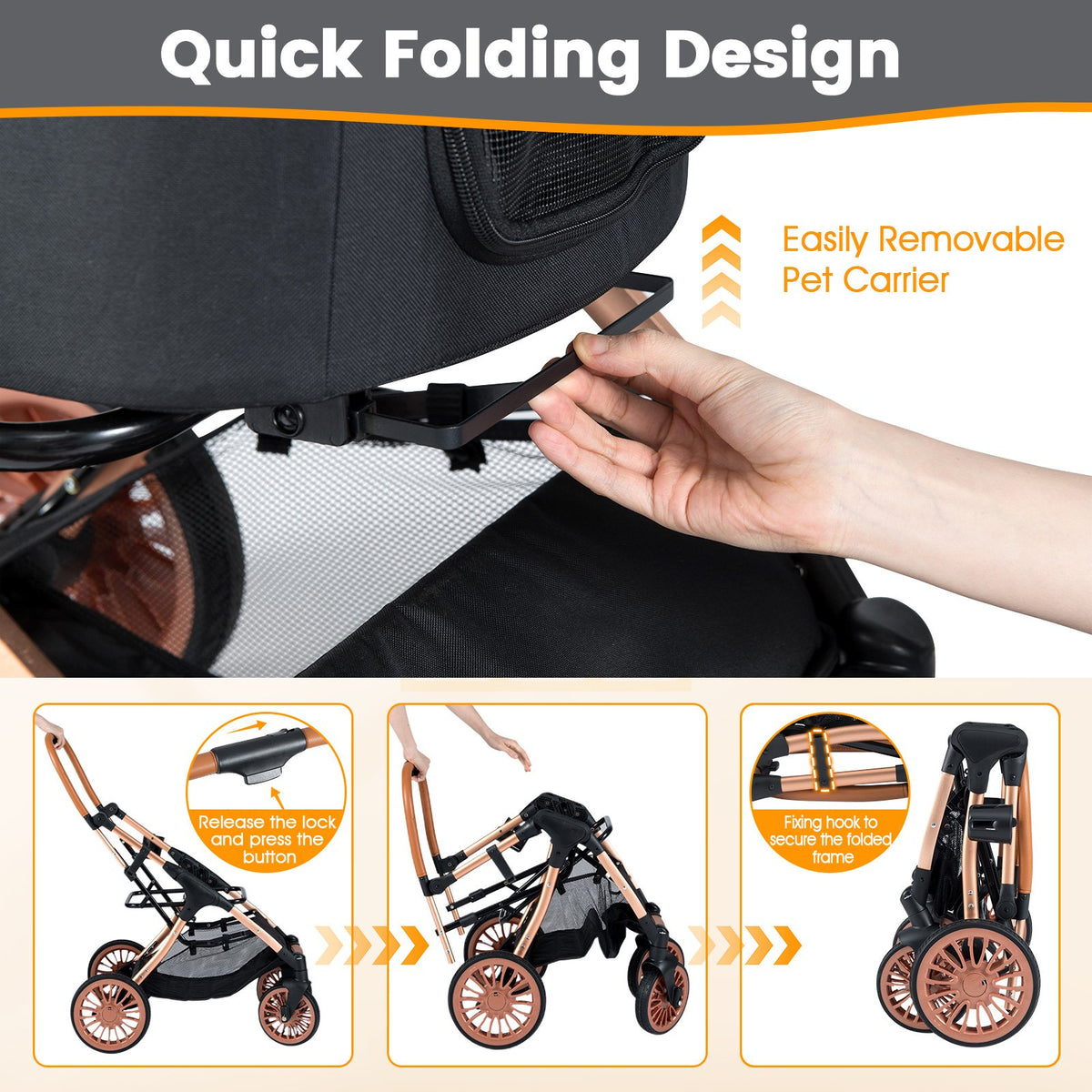 3-in-1 Foldable Pet Stroller with, Sun Shade and Safety Belt for up to 55 lbs Small Medium Dogs Cats-Black view 7