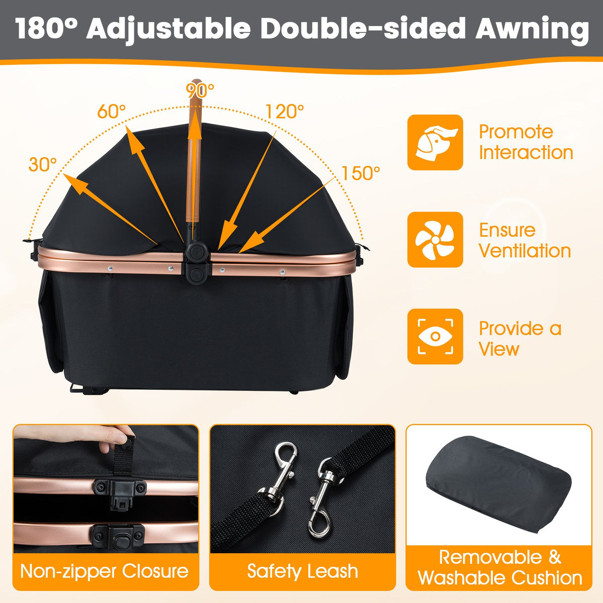 3-in-1 Foldable Pet Stroller with, Sun Shade and Safety Belt for up to 55 lbs Small Medium Dogs Cats-Black view 8