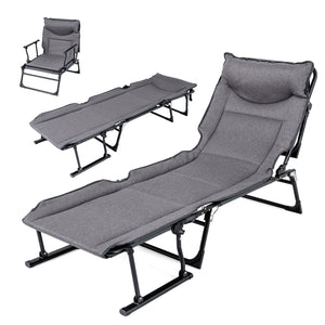 3 in 1 Folding Camping Cot Comfy Padded Convertible Single Sofa Chair-Gray view 4