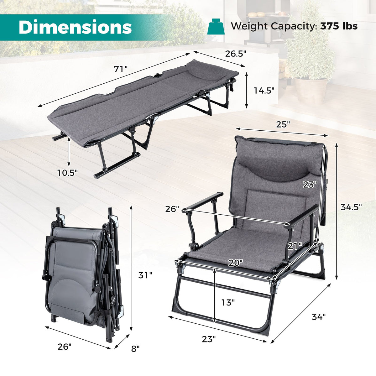 3 in 1 Folding Camping Cot Comfy Padded Convertible Single Sofa Chair-Gray view 5
