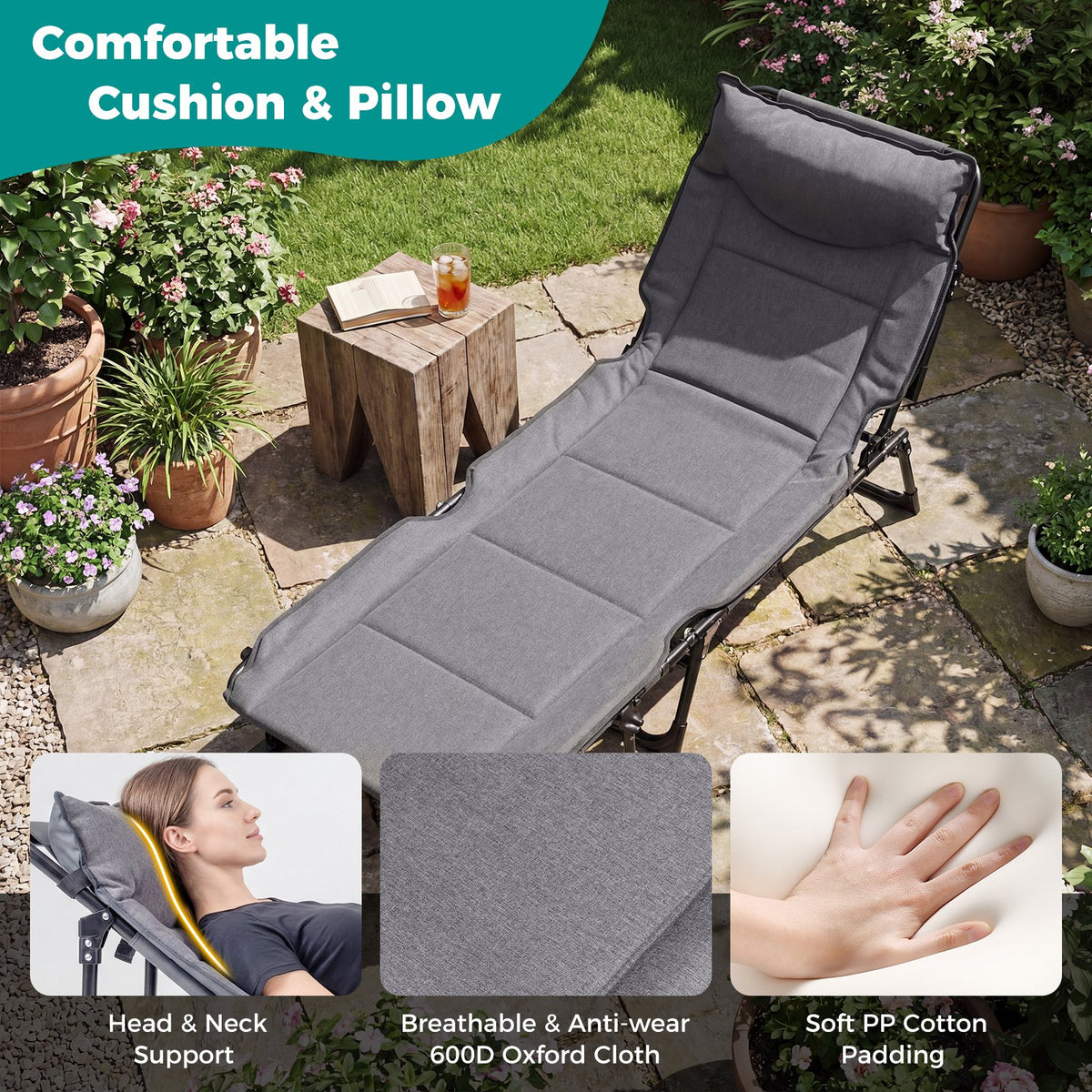 3 in 1 Folding Camping Cot Comfy Padded Convertible Single Sofa Chair-Gray view 7
