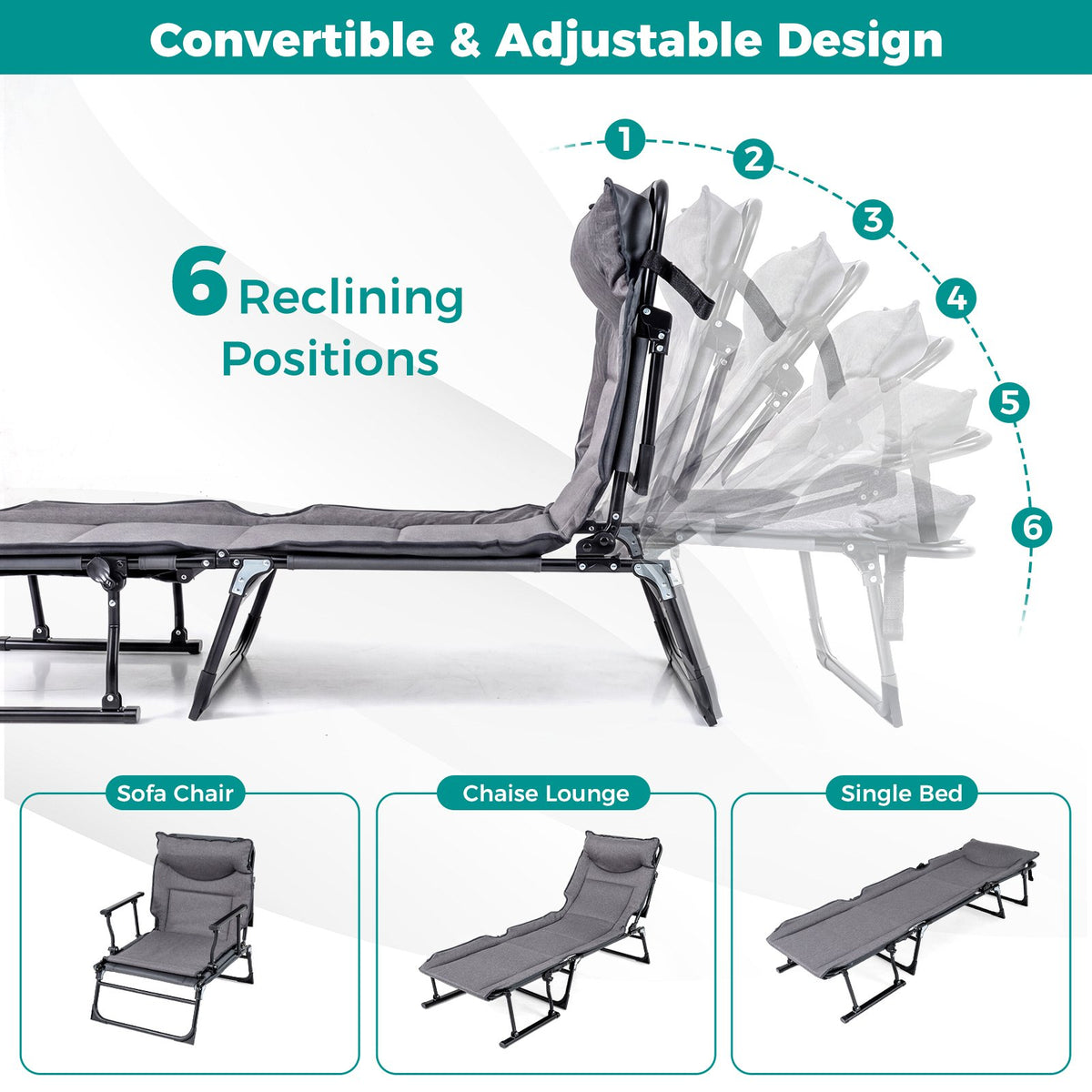 3 in 1 Folding Camping Cot Comfy Padded Convertible Single Sofa Chair-Gray view 8