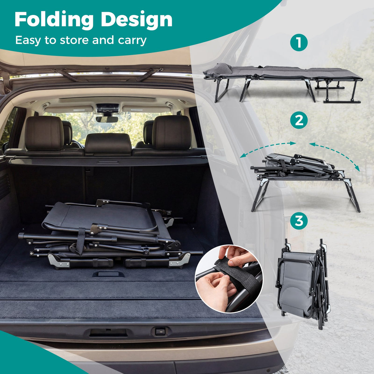 3 in 1 Folding Camping Cot Comfy Padded Convertible Single Sofa Chair-Gray view 9