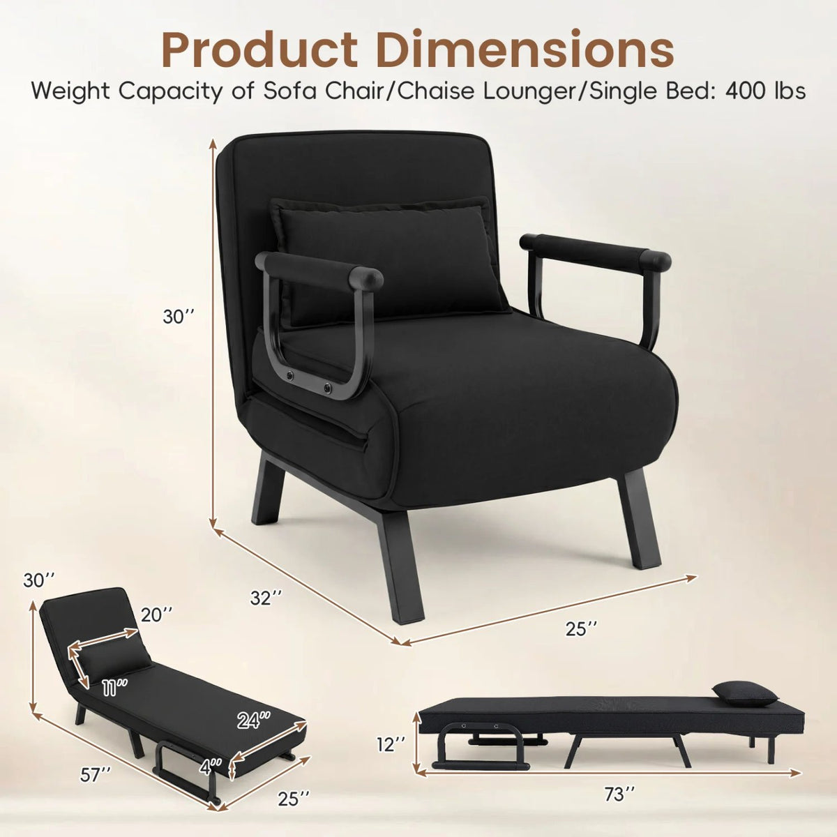 3-in-1 Folding Sofa Bed with Adjustable Backrest Comfy Cushion and Hidden Metal Legs-Black view 5