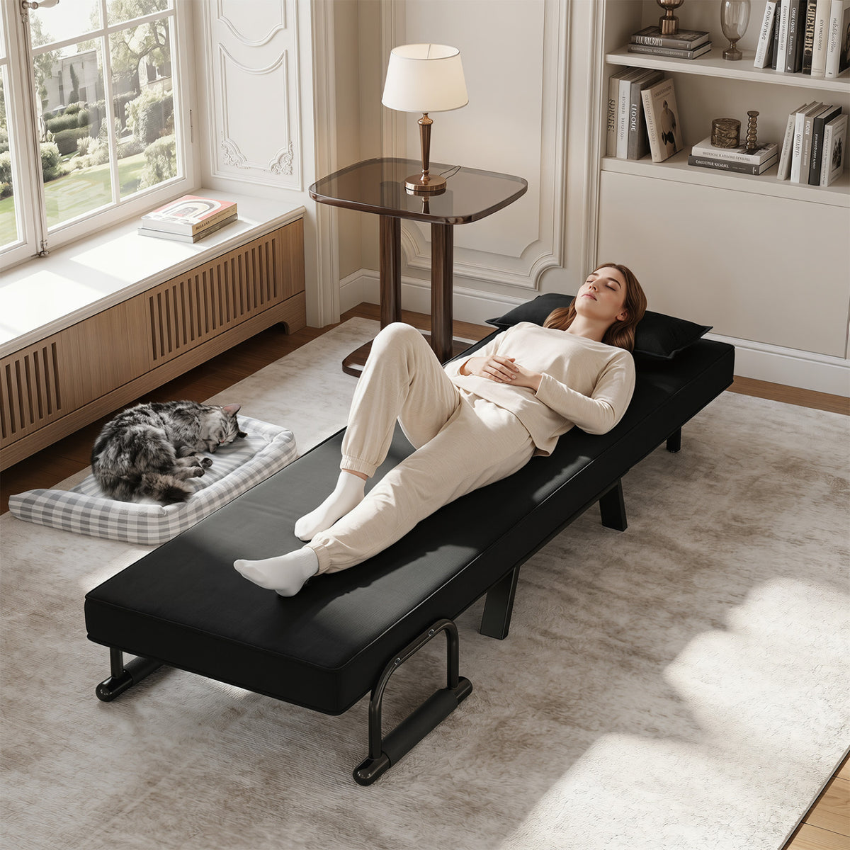 3-in-1 Folding Sofa Bed with Adjustable Backrest Comfy Cushion and Hidden Metal Legs-Black view 6