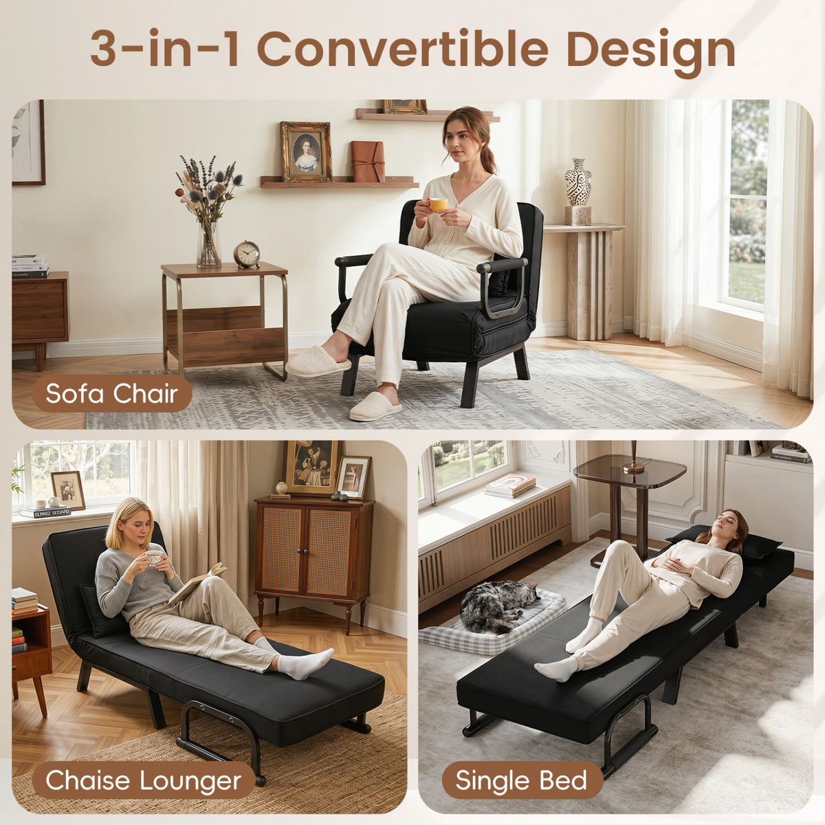 3-in-1 Folding Sofa Bed with Adjustable Backrest Comfy Cushion and Hidden Metal Legs-Black view 7