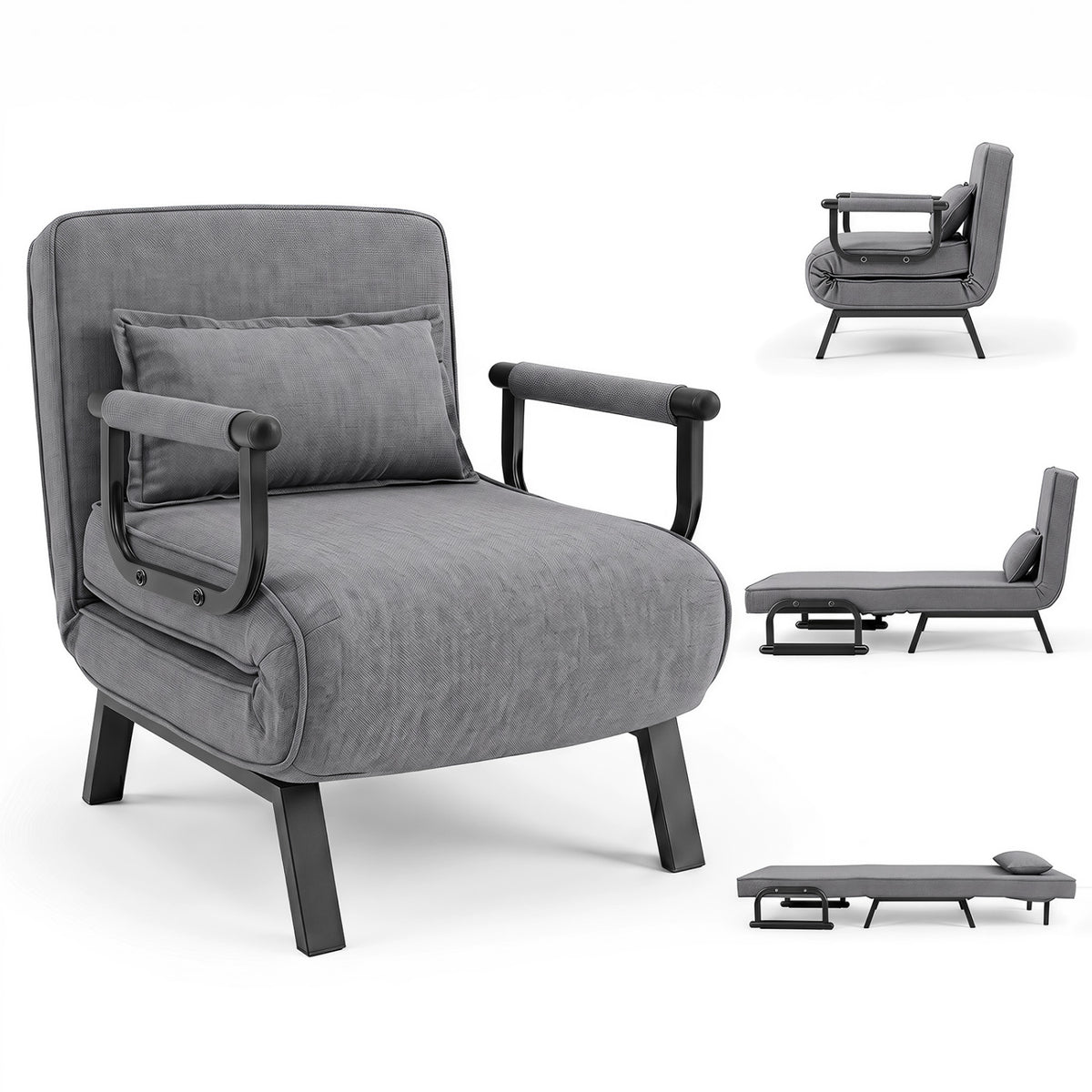 3-in-1 Folding Sofa Bed with Adjustable Backrest Comfy Cushion and Hidden Metal Legs-Gray view 2