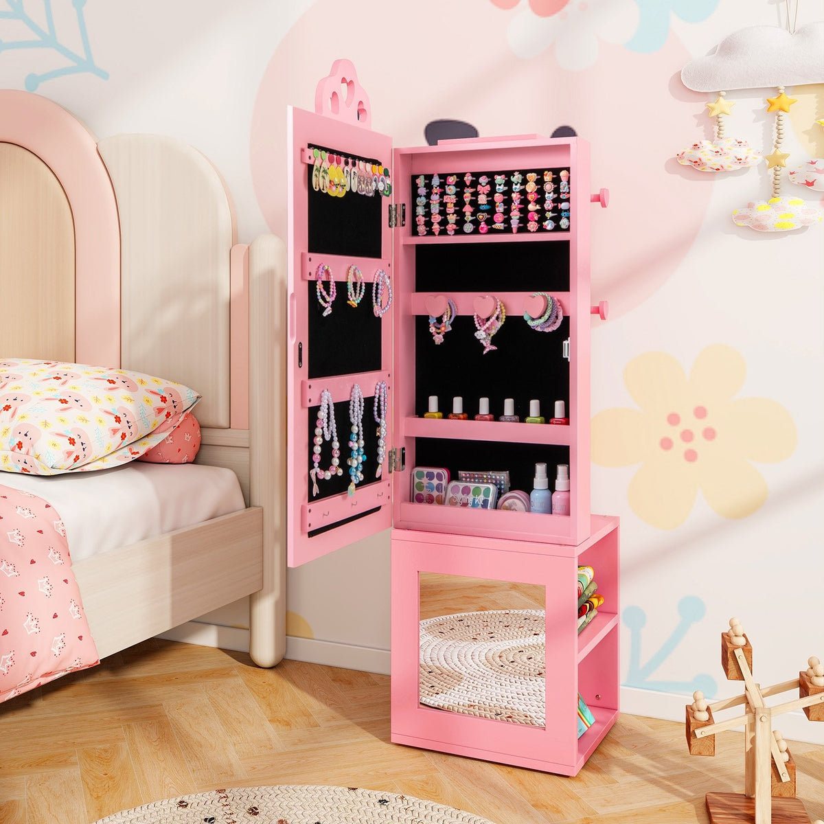 3-in-1 Freestanding Kids Jewelry Cabinet Armoire with Full Length Mirror-Pink view 2