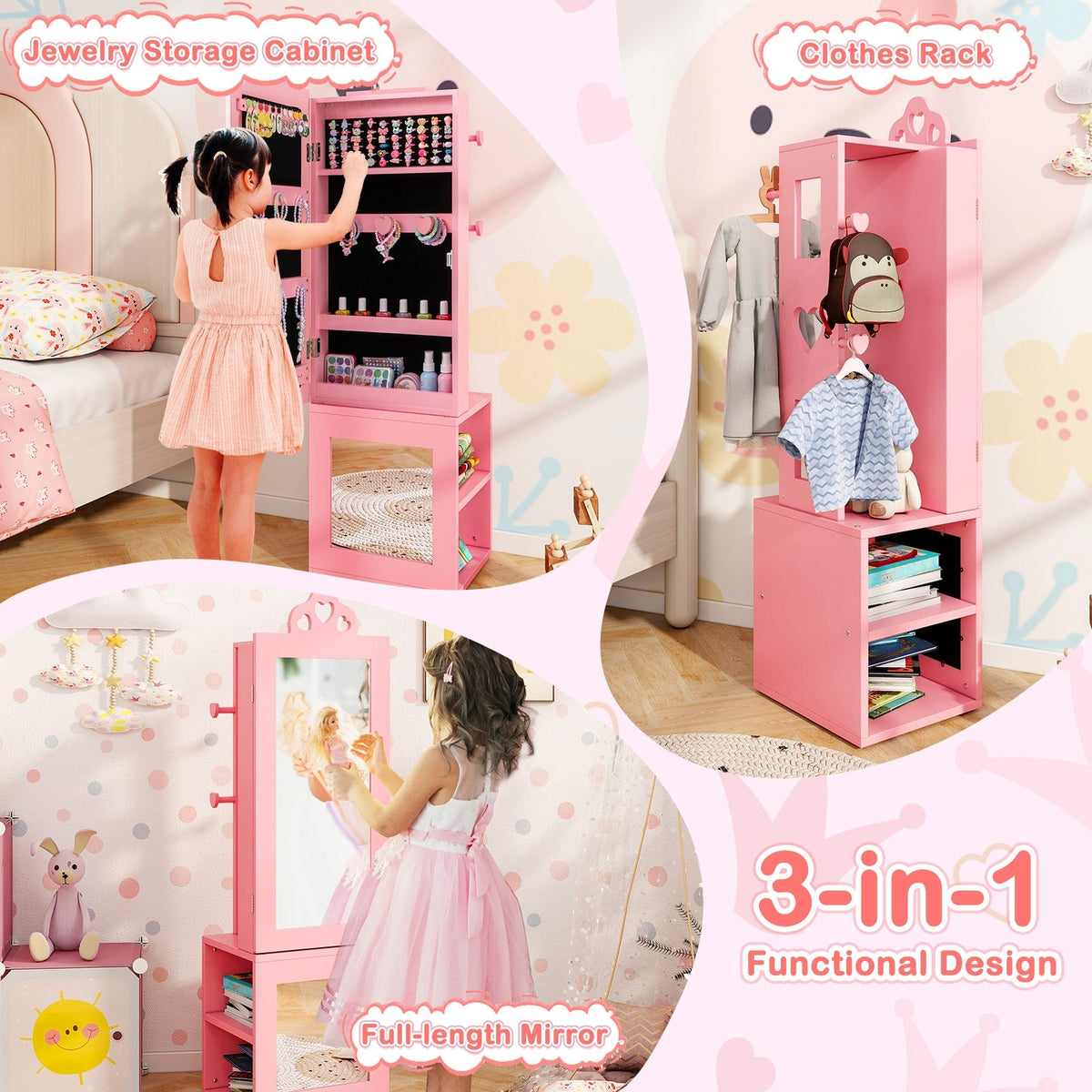 3-in-1 Freestanding Kids Jewelry Cabinet Armoire with Full Length Mirror-Pink view 5
