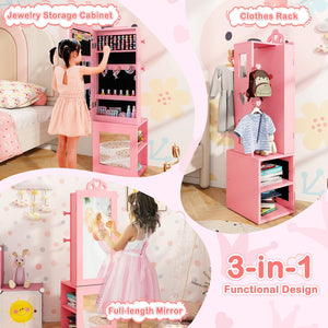 3-in-1 Freestanding Kids Jewelry Cabinet Armoire with Full Length Mirror-Pink view 5