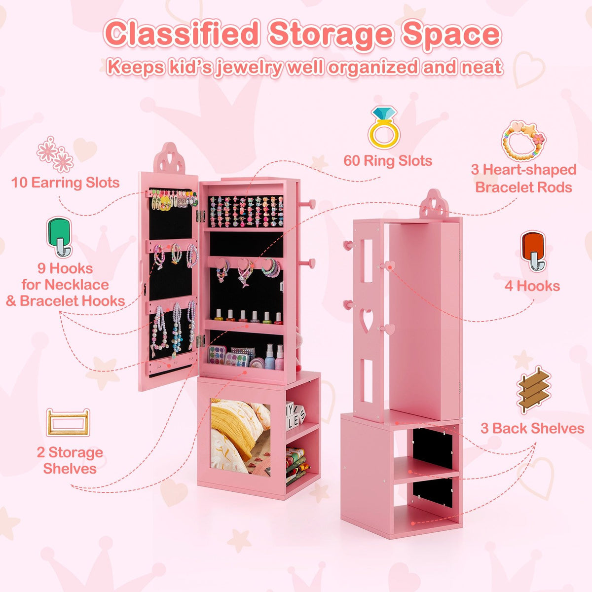 3-in-1 Freestanding Kids Jewelry Cabinet Armoire with Full Length Mirror-Pink view 6