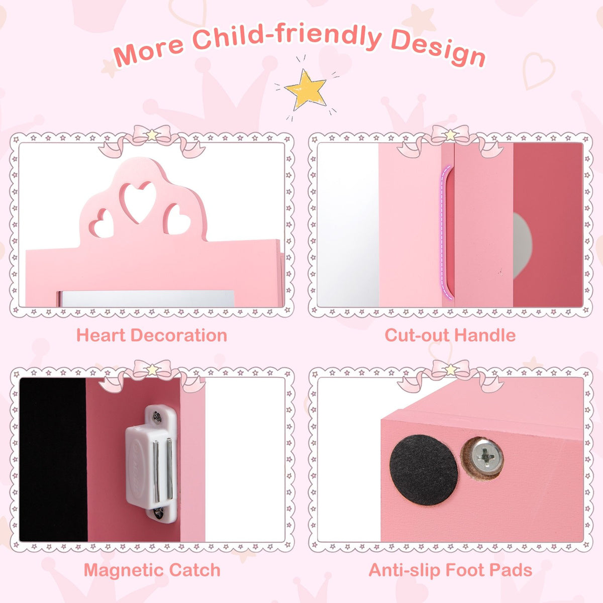 3-in-1 Freestanding Kids Jewelry Cabinet Armoire with Full Length Mirror-Pink view 8