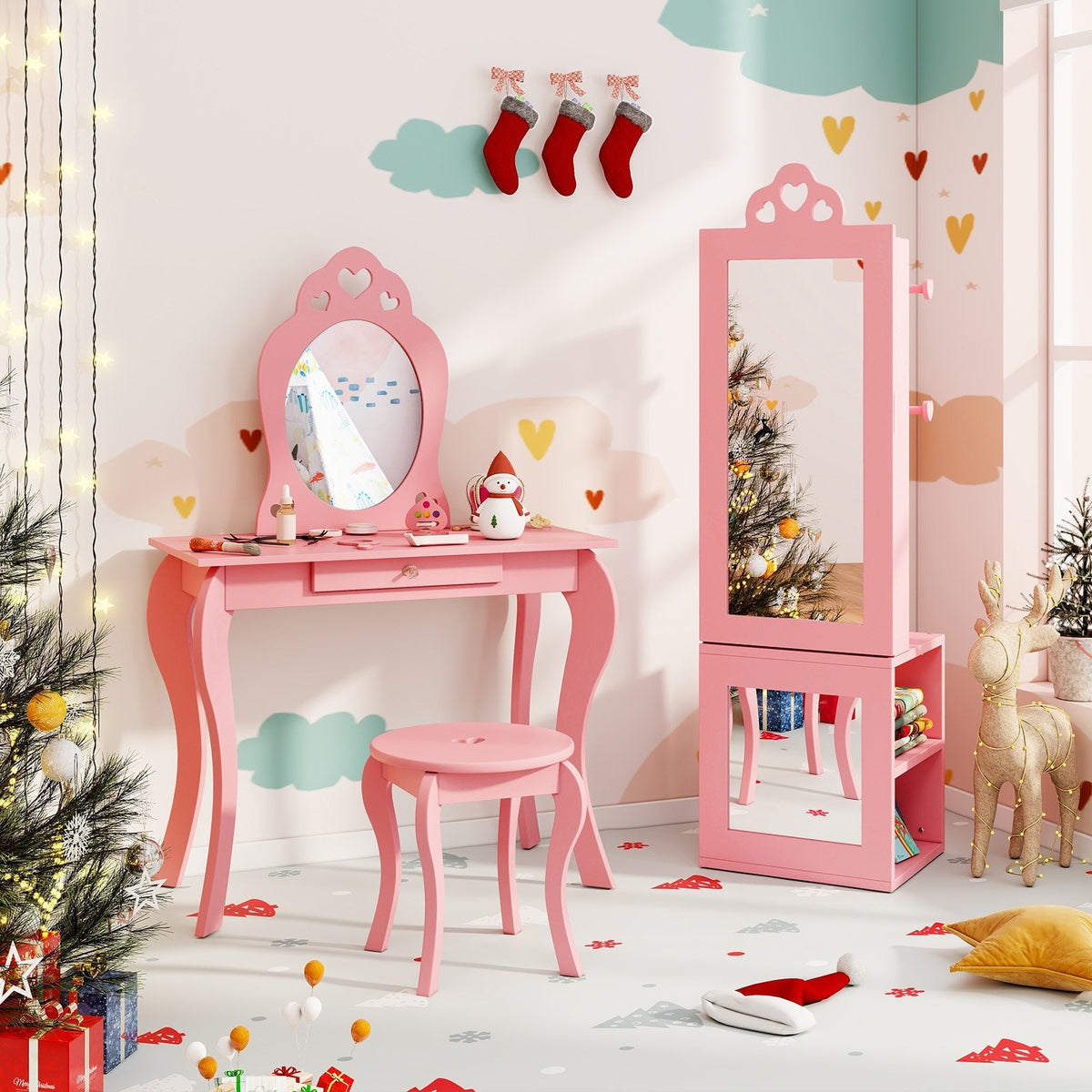 3-in-1 Freestanding Kids Jewelry Cabinet Armoire with Full Length Mirror-Pink view 9