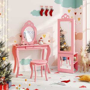 3-in-1 Freestanding Kids Jewelry Cabinet Armoire with Full Length Mirror-Pink view 9