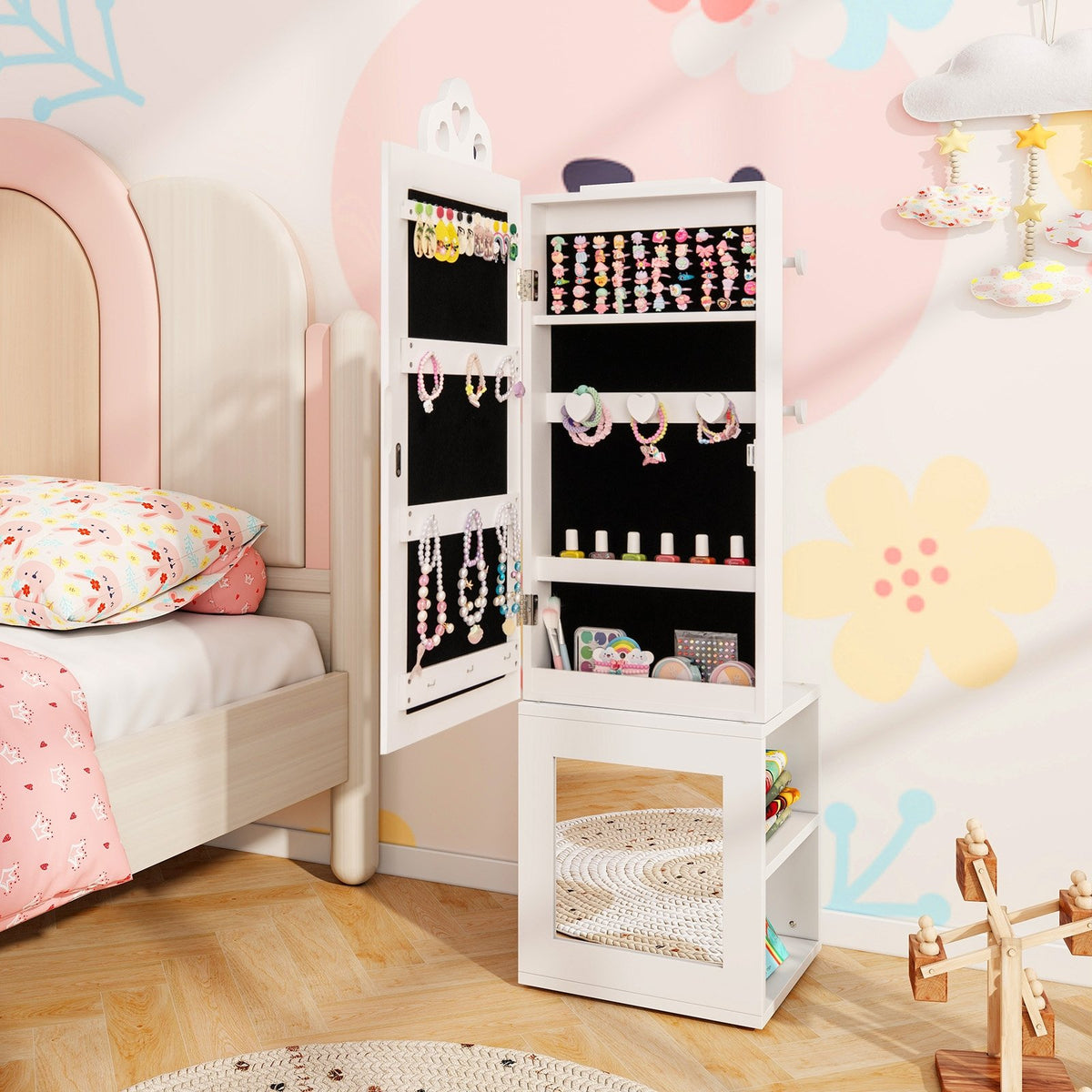 3-in-1 Freestanding Kids Jewelry Cabinet Armoire with Full Length Mirror-White view 2