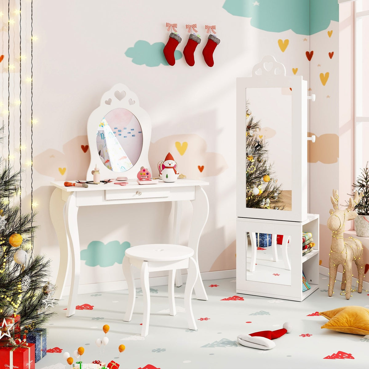 3-in-1 Freestanding Kids Jewelry Cabinet Armoire with Full Length Mirror-White view 3