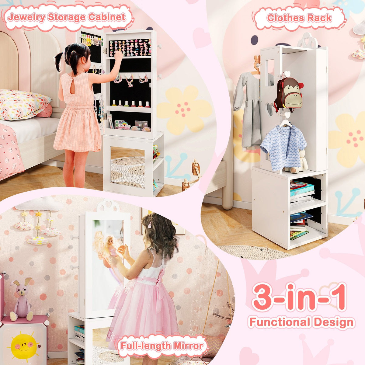 3-in-1 Freestanding Kids Jewelry Cabinet Armoire with Full Length Mirror-White view 4