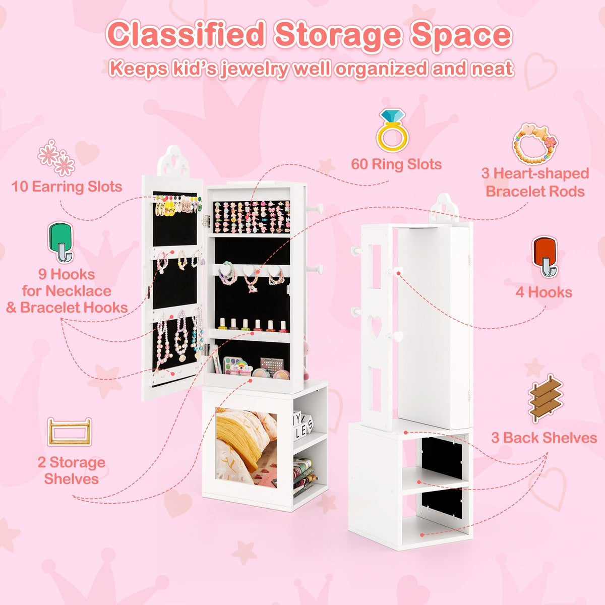 3-in-1 Freestanding Kids Jewelry Cabinet Armoire with Full Length Mirror-White view 5