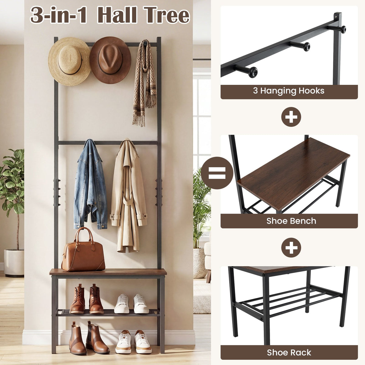 3-in-1 Hall Tree Freestanding Entryway Bench with Hooks view 6