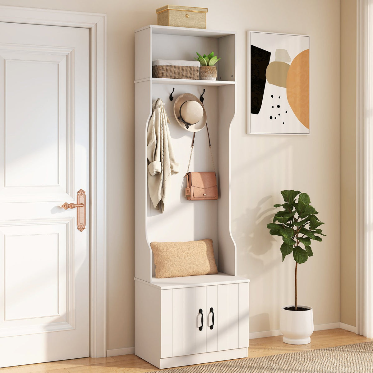 3-in-1 Hall Tree with Bench and Storage 23.5” Wide Mudroom Storage-WHite view 2