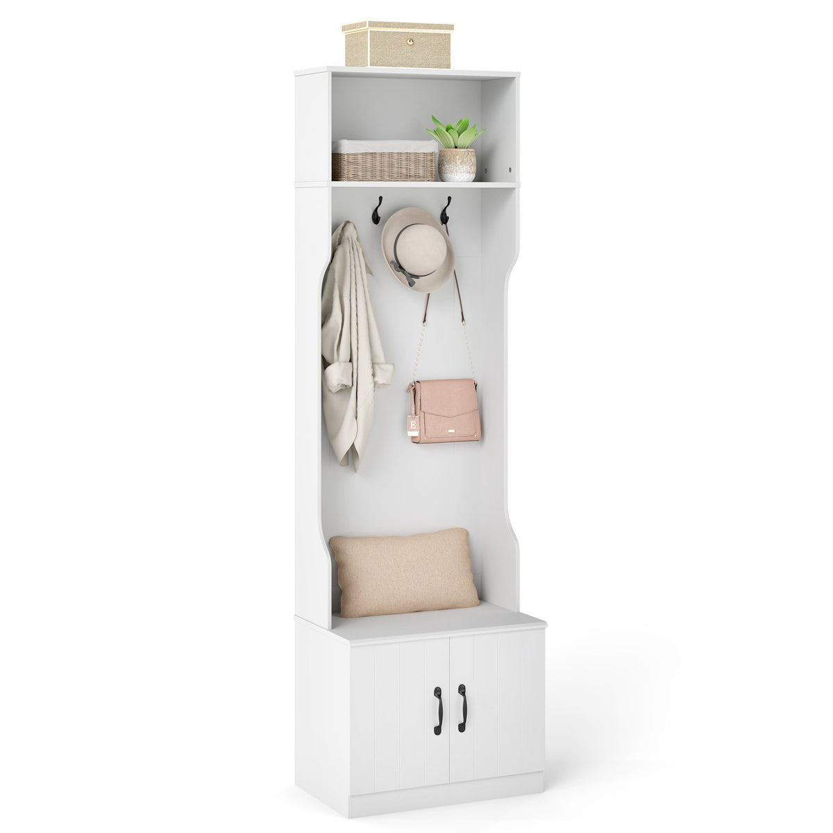 3-in-1 Hall Tree with Bench and Storage 23.5” Wide Mudroom Storage-WHite view 4