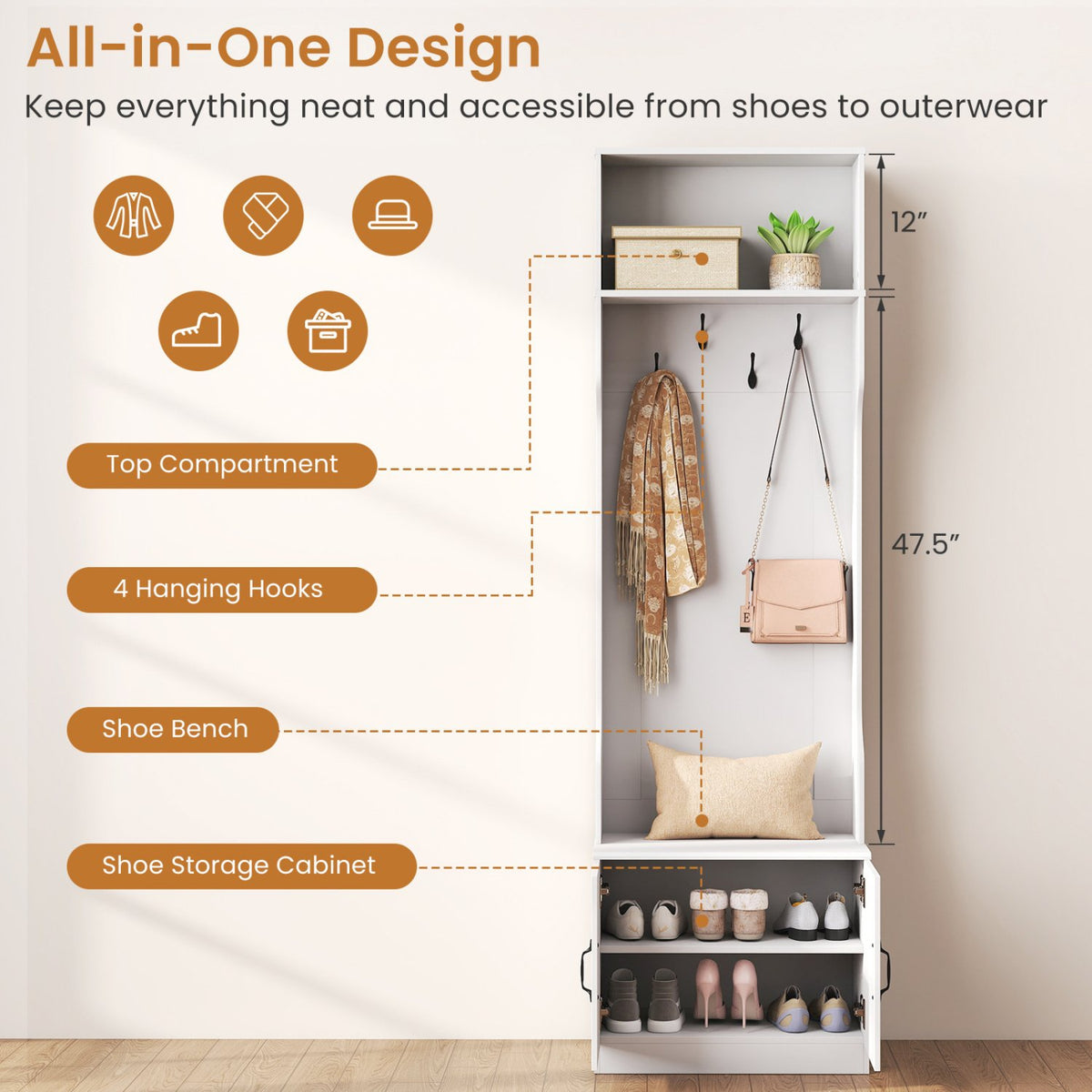 3-in-1 Hall Tree with Bench and Storage 23.5” Wide Mudroom Storage-WHite view 7