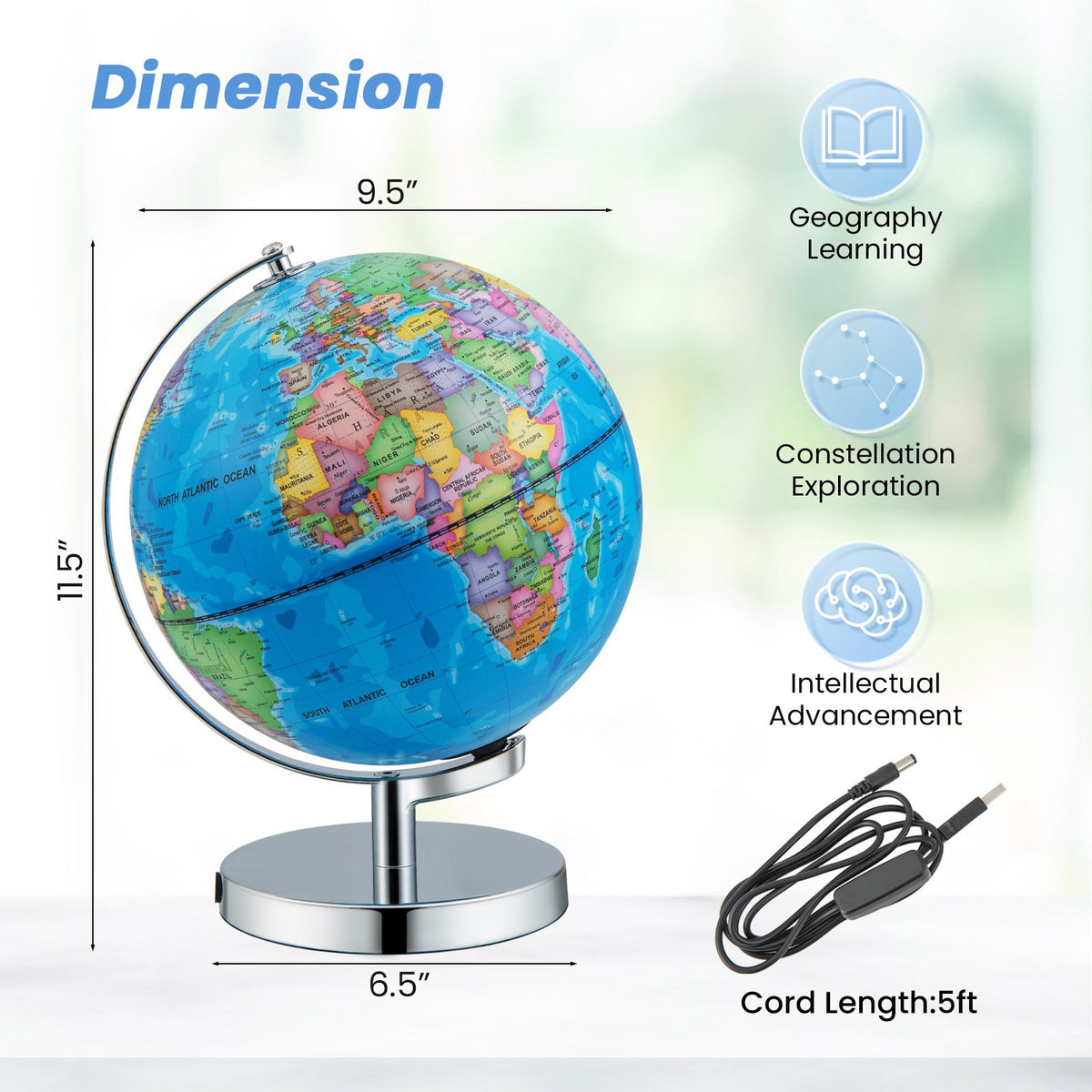 3-in-1 Illuminated World Globe with Stand and, 88 Constellations view 5