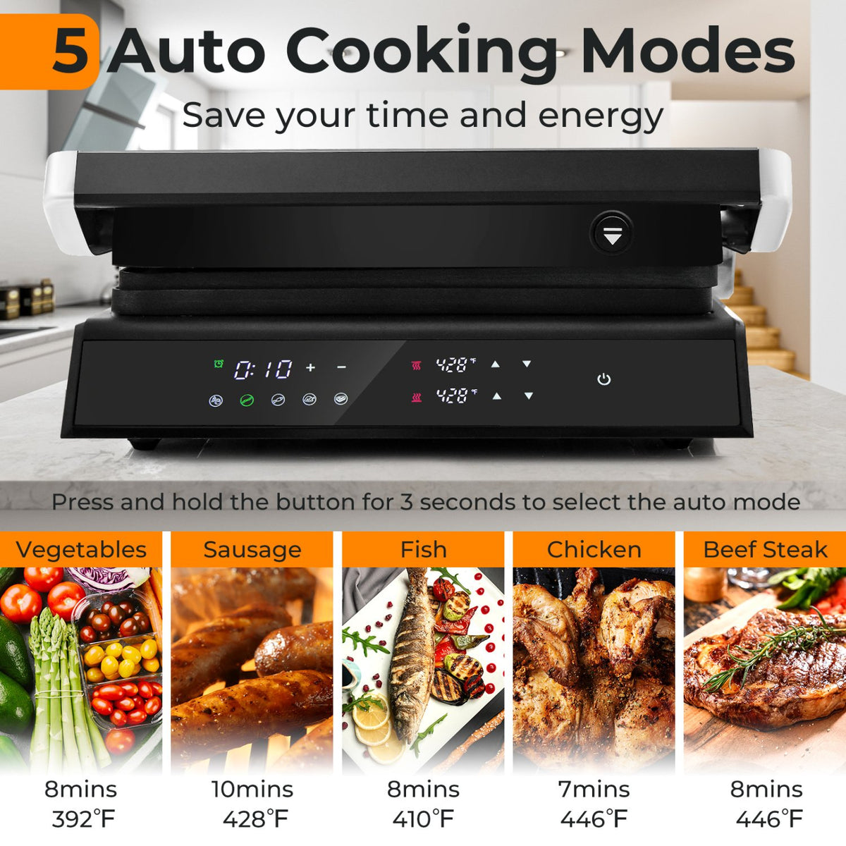 3 in 1 Indoor Electric Panini Press Grill with LED Display-Black view 8
