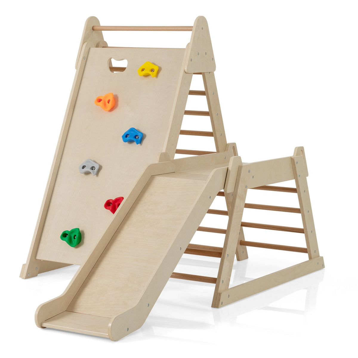 3-In 1 Jungle Gym Indoor Playground with Extended Slide for Toddlers-Natural view 4