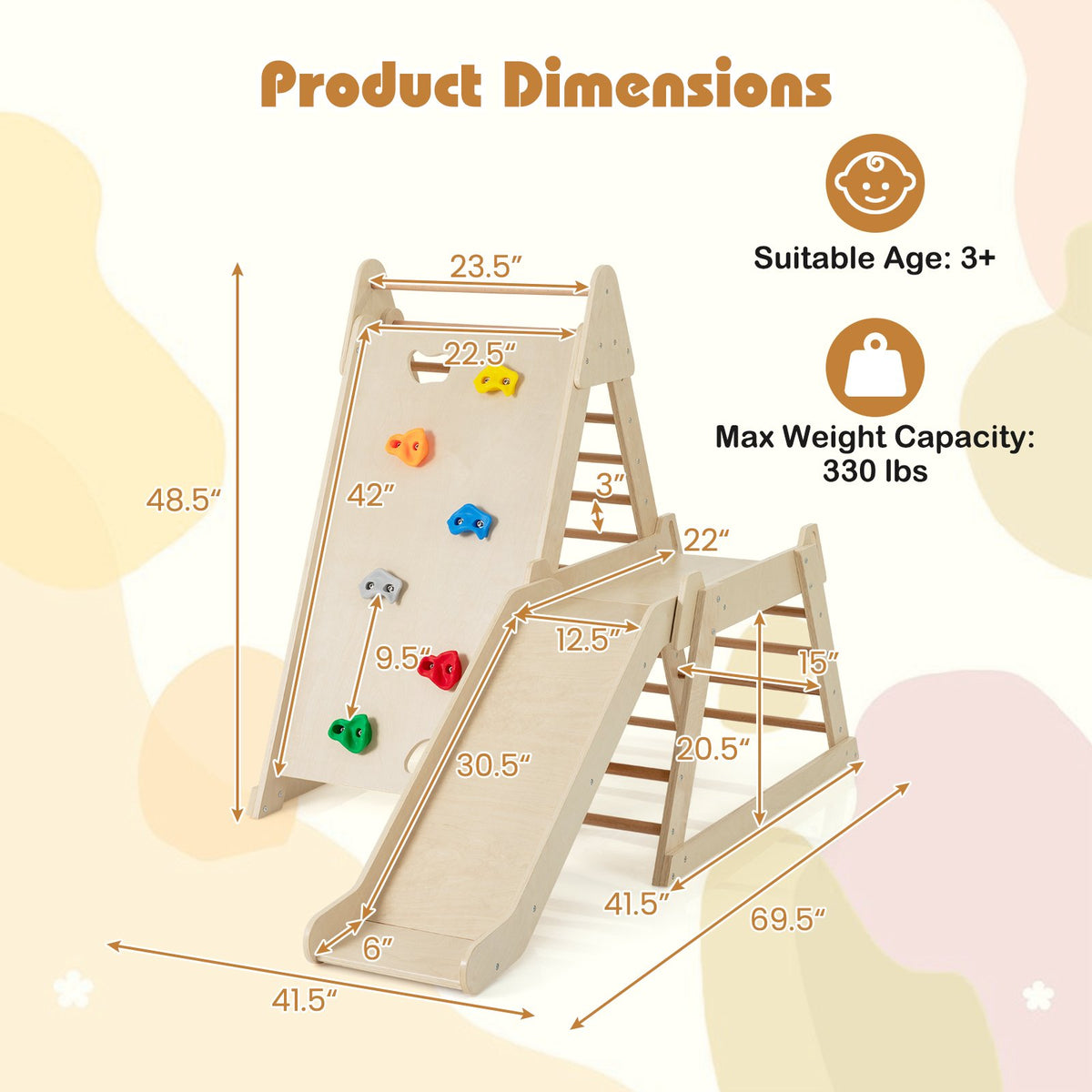 3-In 1 Jungle Gym Indoor Playground with Extended Slide for Toddlers-Natural view 5