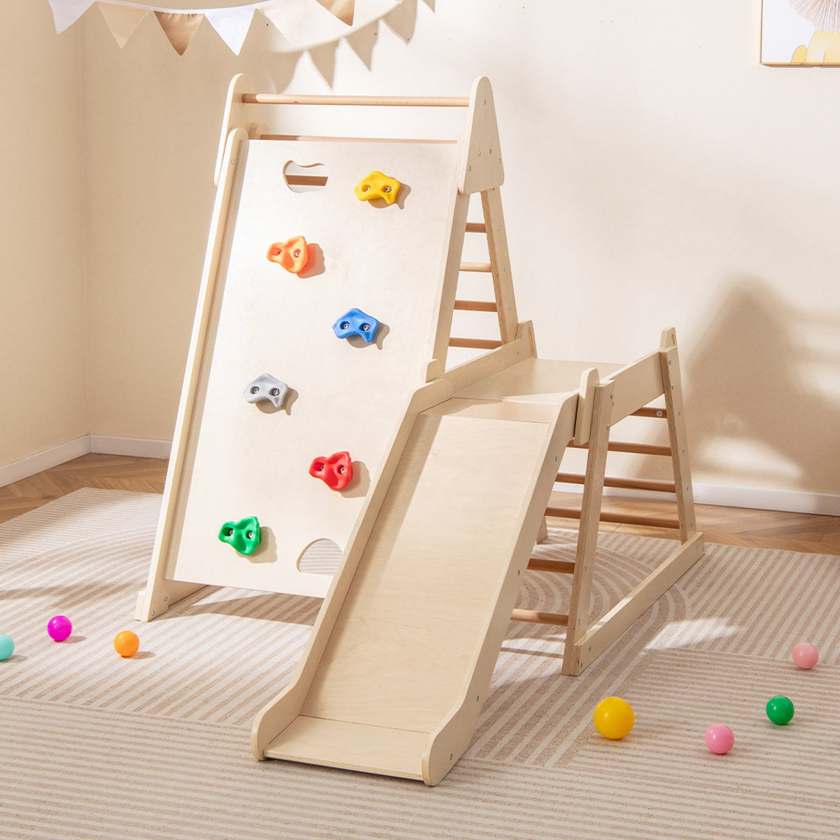 3-In 1 Jungle Gym Indoor Playground with Extended Slide for Toddlers-Natural view 7