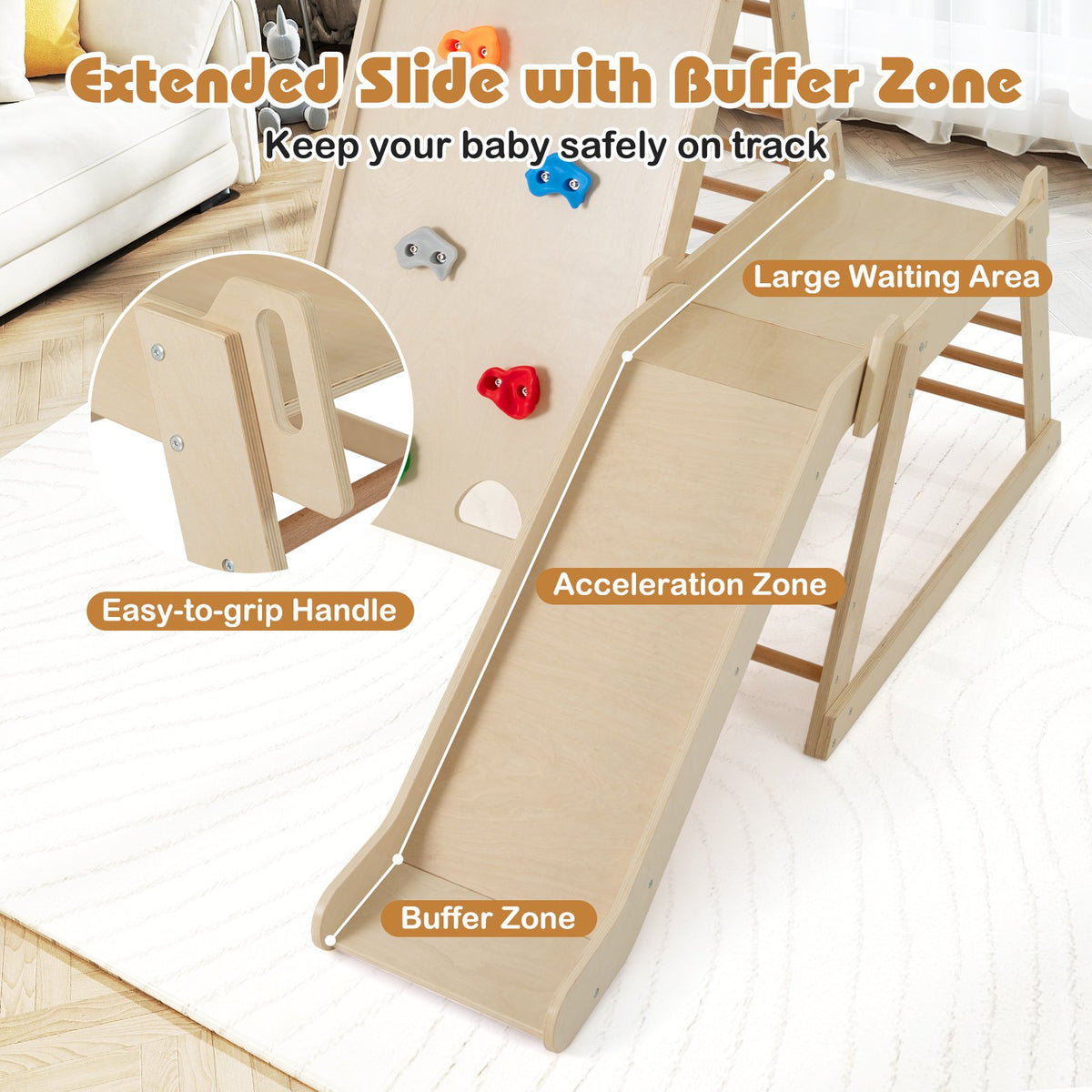3-In 1 Jungle Gym Indoor Playground with Extended Slide for Toddlers-Natural view 9