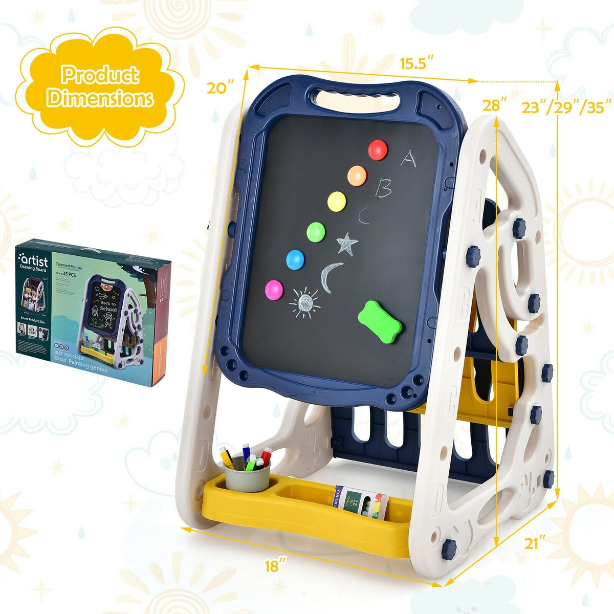 3-in-1 Kids Art Easel Double-Sided Tabletop Easel with Art Accessories-Blue view 4