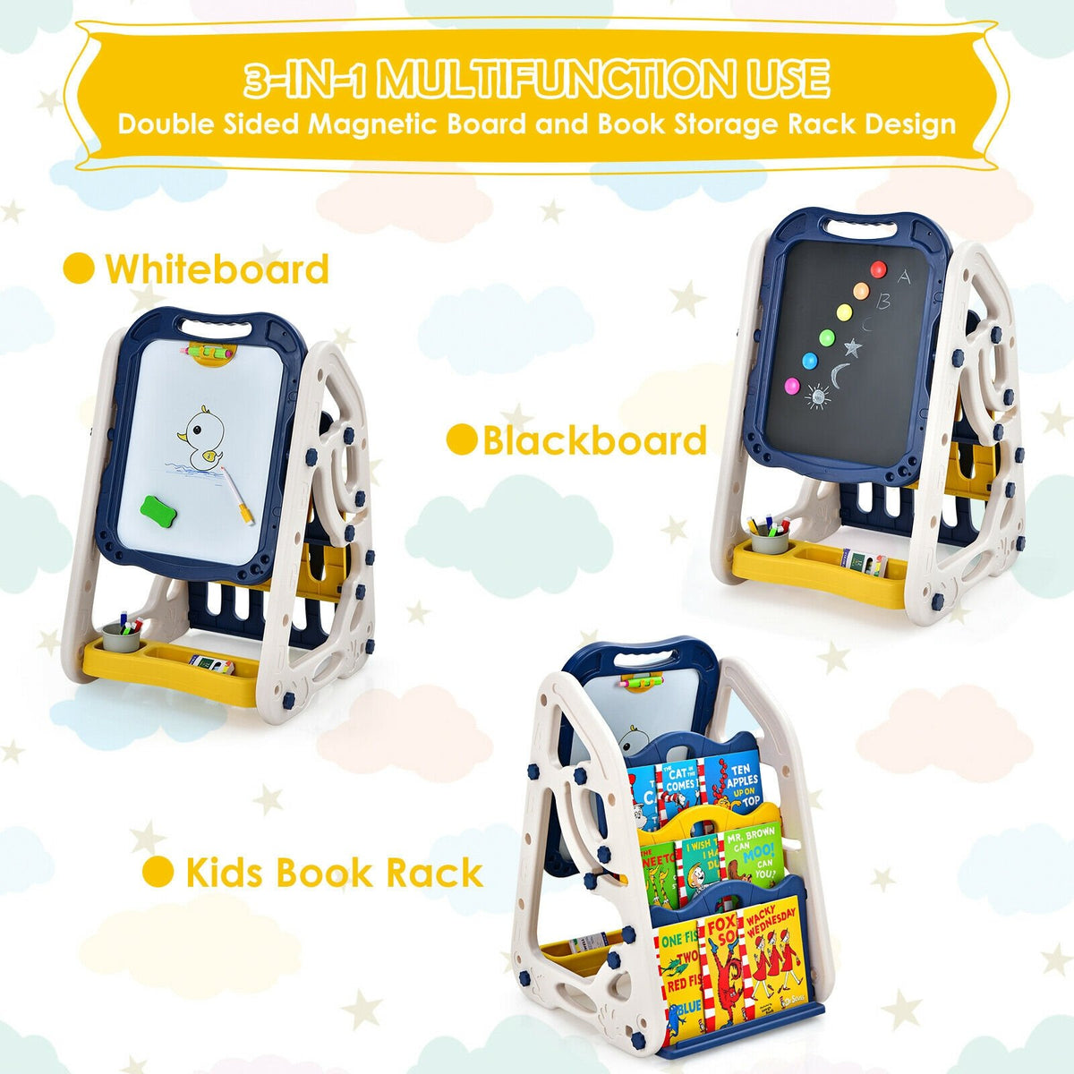 3-in-1 Kids Art Easel Double-Sided Tabletop Easel with Art Accessories-Blue view 6