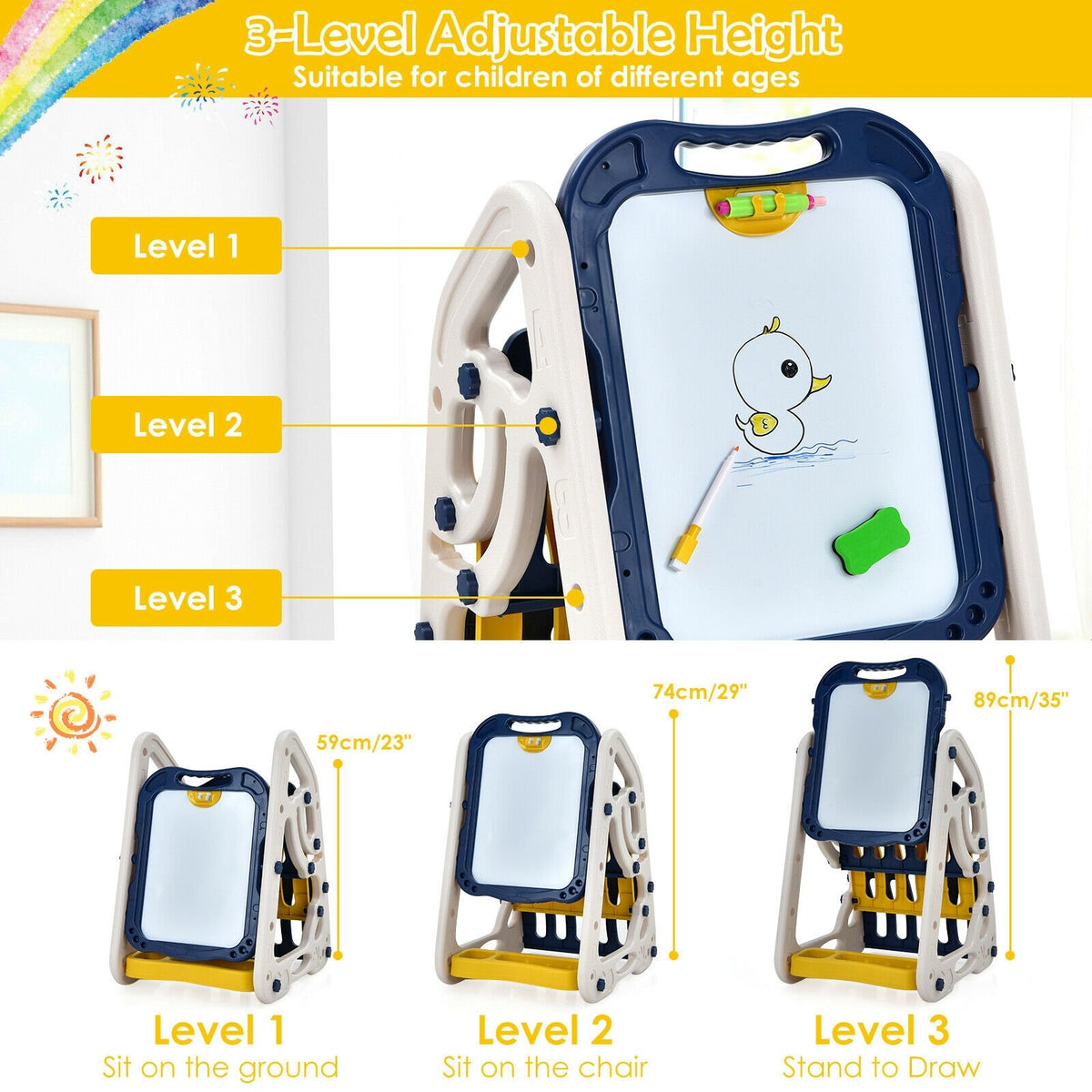 3-in-1 Kids Art Easel Double-Sided Tabletop Easel with Art Accessories-Blue view 7
